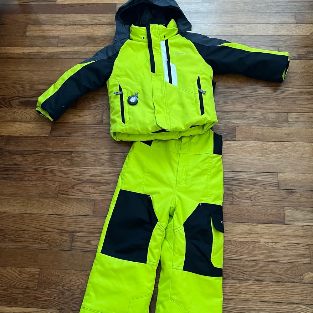 Obermeyer Neon Green and Black Kids Puffer Jacket and Pants Set